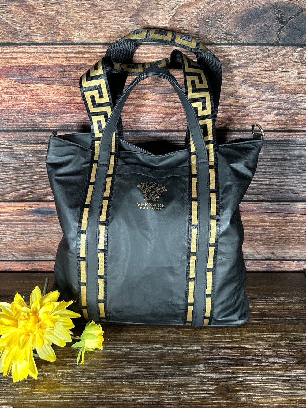 Versace Parfums Black Tote with Gold Greek Key Straps!